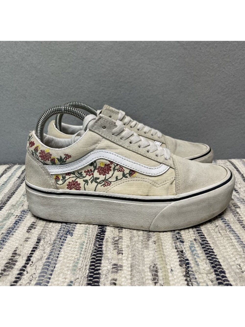 Vans Old Skool Stackform Cream Sneakers Floral Embroidery Platform Sole 8.5
